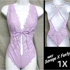 Savage X Fenty Purple Shimmer Lace Strappy Sexy Bodysuit Womens XL Lingerie NWOT